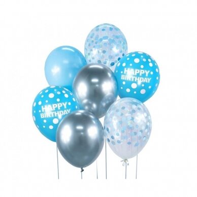 B&C Balloon Bouquet, Happy Birthday, silver and blue 7 pcs.