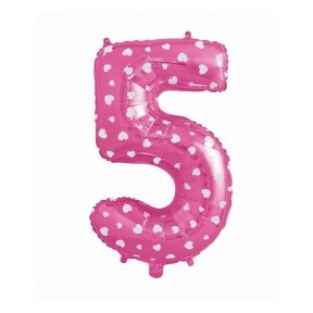 Foil balloon digit "5", pink with hearts, 26"