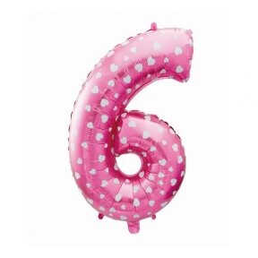 Foil balloon digit "6", pink with hearts, 26"