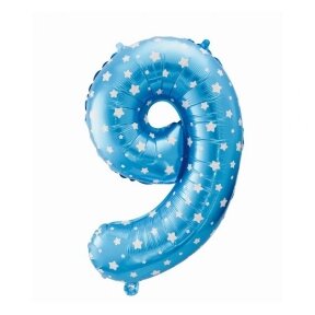 Foil balloon digit "9", blue with stars, 26"