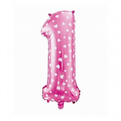 Foil balloon digit "1", pink with hearts, 26"