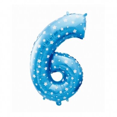 Foil balloon digit "6", blue with stars, 26"