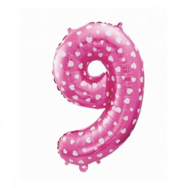 Foil balloon digit "9", pink with hearts, 26"