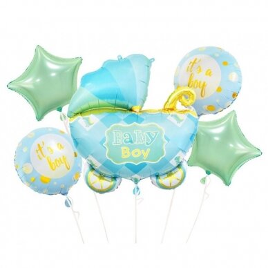 Foil balloon - Baby Carriage set, blue, 5 pcs.