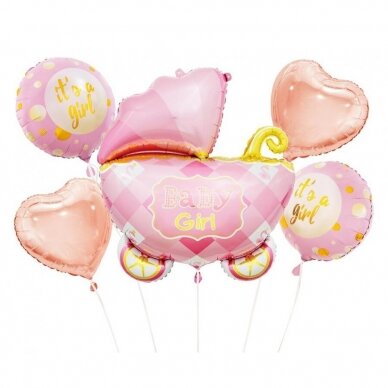 Foil balloon - Baby Carriage set, pink / 5 pcs.