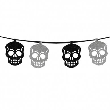 Glitter garland "Skulls", silver-black, size 13.8x10.5x200 cm