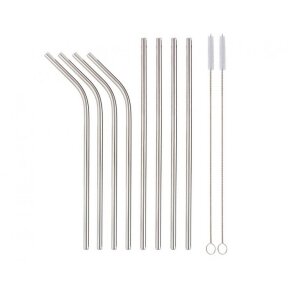 Stainless steel straws, silver, 4 straight, 4 bent, 2 cleaning brushes