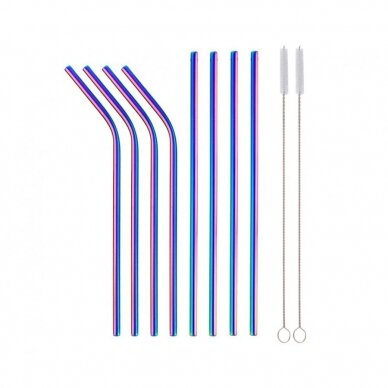 Stainless steel straws, rainbow, 4 straight, 4 bent, 2 cleaning brushes