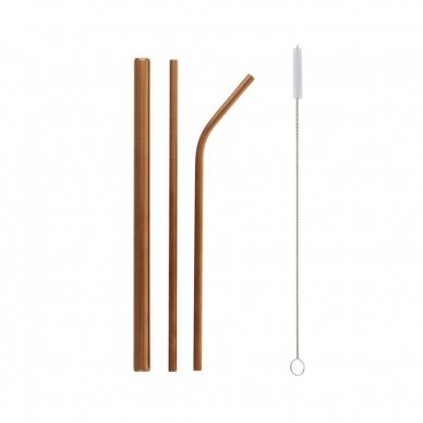 Stainless steel straws, rose-gold (1 x shake, 1 x bent, 1 x straight + cleaning brush)