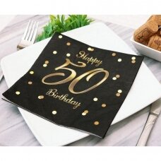 Servetėlės penkiasdešimtmečiui juodos spalvos su užrašu "Happy 50 Birthday" (20vnt/33x33cm)