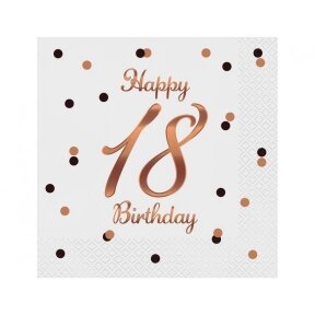 Paper napkins B&C Happy 18 Birthday, white (Rose gold print) 33 x 33 cm, 20 pcs.