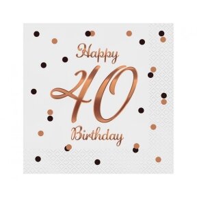 Paper napkins B&C Happy 40 Birthday, white (Rose gold print) 33 x 33 cm, 20 pcs.