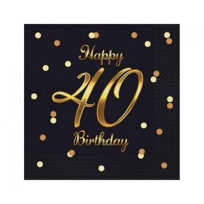 Paper napkins B&C Happy 40 Birthday, black (gold print) 33 x 33 cm, 20 pcs.