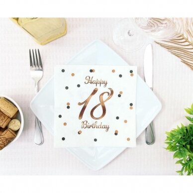 Paper napkins B&C Happy 18 Birthday, white (Rose gold print) 33 x 33 cm, 20 pcs. 1