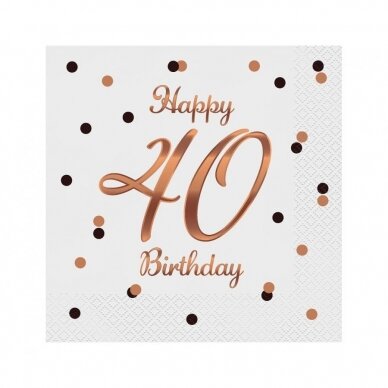 Paper napkins B&C Happy 40 Birthday, white (Rose gold print) 33 x 33 cm, 20 pcs.