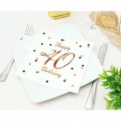 Paper napkins B&C Happy 40 Birthday, white (Rose gold print) 33 x 33 cm, 20 pcs. 1