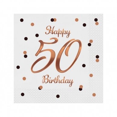 Paper napkins B&C Happy 50 Birthday, white (Rose gold print) 33 x 33 cm, 20 pcs.