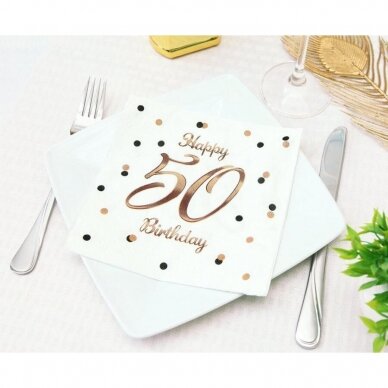 Paper napkins B&C Happy 50 Birthday, white (Rose gold print) 33 x 33 cm, 20 pcs. 1