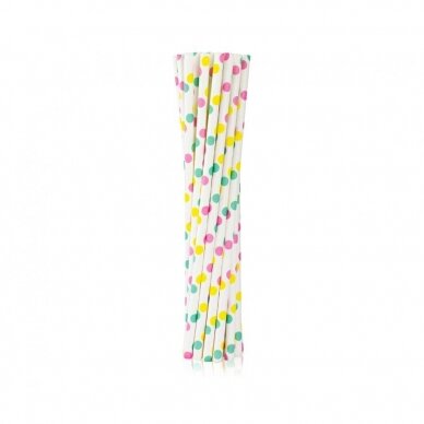 Drinking paper straws, colorful dots, 6x197 mm / 12 pcs