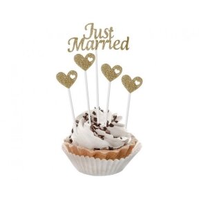 Paper picks W&C Just Married, gold glitter, 5 pcs.