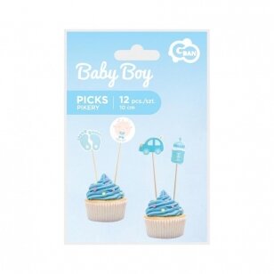 Smeigtukai užkandžių dekoracija "Baby shower/Baby Boy" (12 vnt./10 cm)