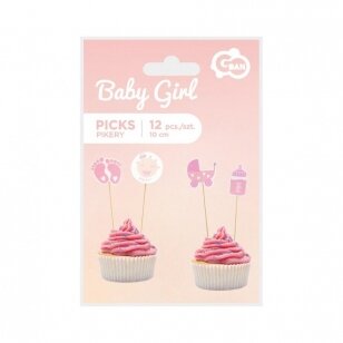 Smeigtukai užkandžių dekoracija "Baby shower/Baby Girl" (12 vnt./10 cm)