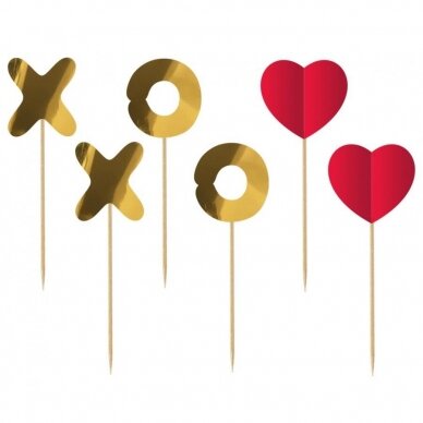 Smeigtukai užkandžių dekoracija su širdelėmis ir raidėmis "XoXo", (6vnt./12cm)