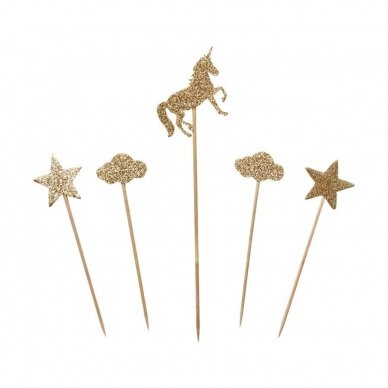 Unicorn decorative picks, gold glitter, 5 pcs