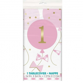 GINGHAM 1ST BIRTHDAY PINK PRINTED TABLECOVER 137CM X 213CM