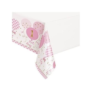 GINGHAM 1ST BIRTHDAY PINK PRINTED TABLECOVER 137CM X 213CM 1