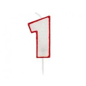 Glitter candle with digit "1", red outline, 6 cm