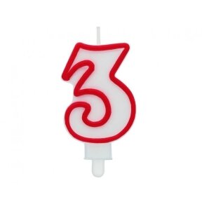 Digit candle "3", red outline, 7 cm