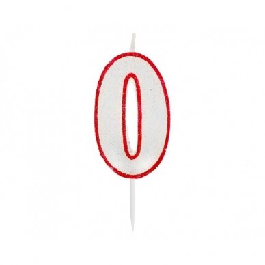 Glitter candle with digit "0", red outline, 6 cm