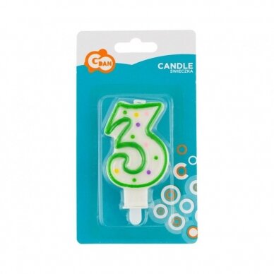 Candle number with dots 3, 7.5 cm Green