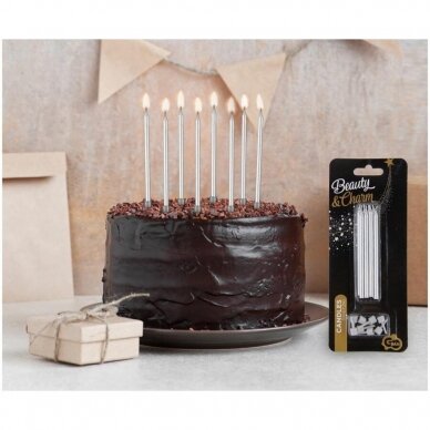 Birthday candles with holders, silver, 10 cm, 8 pcs,